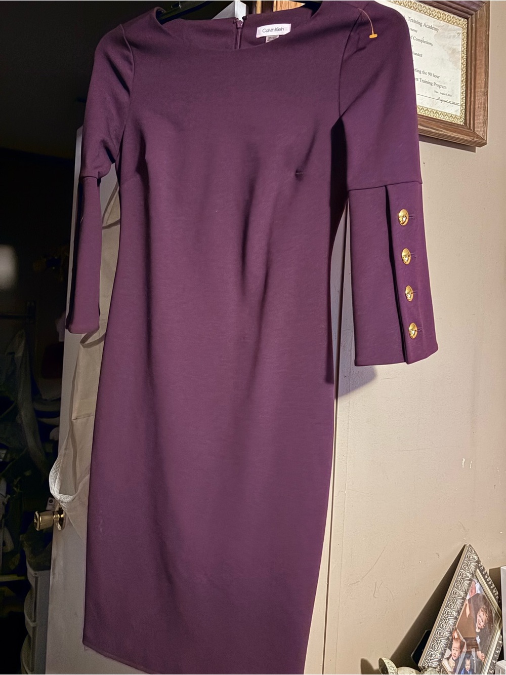 Calvin Klein Deep Plum Midi Sheath Dress with Gold Button Sleeves